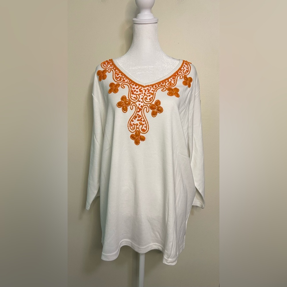 Quacker Factory Women’s Embroidered Shirt Top 3/4 Sleeves V- Neck Size 2XL.NWOT